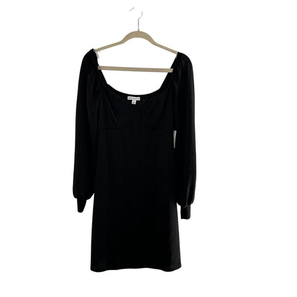 And Now This Black Long-Sleeve Knit Mini Dress Size M Smocked Metallic Babydoll - Picture 1 of 11